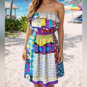 Ventti VTG Satin Strapless Colorful Boho Mini Dress Circus Print Purple Medium